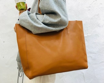 Cowhide Leather Tote Bag, Leather Ladies Handmade Tote Shoulder Bag, Large Capacity Weekend Bag