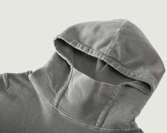 Balaklava Hoodie  | Heavyweight Turtleneck |  Unisex Washed Streetwear Pullover | Ski Masked Winter Face Protection | Scarf Collar | Blank