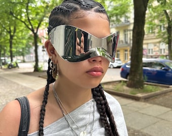 Silver Mirror Sunglasses - Unisex Rave Festival Shades, Cyberpunk Y2K Visor Glasses, Futuristic, UV Protection Eyewear
