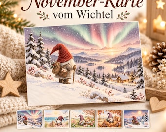 Könnte beinhalten: Eine rechteckige Grußkarte mit dem Titel November-Karte vom Wichtel, die einen Wichtel mit roter Mütze in einer verschneiten Landschaft unter Polarlichtern zeigt. Darunter befinden sich vier kleinere Karten mit saisonalen Motiven und der Text Auch als 5er-Set erhältlich.