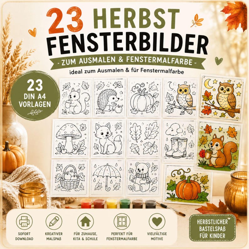 May include: A collection of 23 autumn-themed window art templates for coloring and painting, featuring black and white line drawings of squirrels, hedgehogs, pumpkins, owls, mushrooms, and rain boots, with some examples colored in.