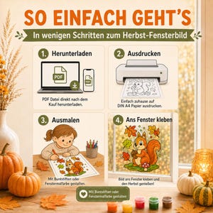 May include: An instructional graphic titled SO EINFACH GEHT'S showing four steps for a DIY autumn window craft: 1. Download a PDF, 2. Print on A4 paper, 3. Color a squirrel illustration with pencils or paint, 4. Attach the finished artwork to a window.
