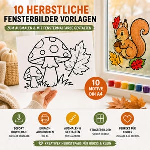 May include: A set of 10 autumn-themed window art templates in A4 size, featuring black and white line drawings of mushrooms and leaves. The collection includes a colored example of a squirrel with an acorn and various icons for digital download.