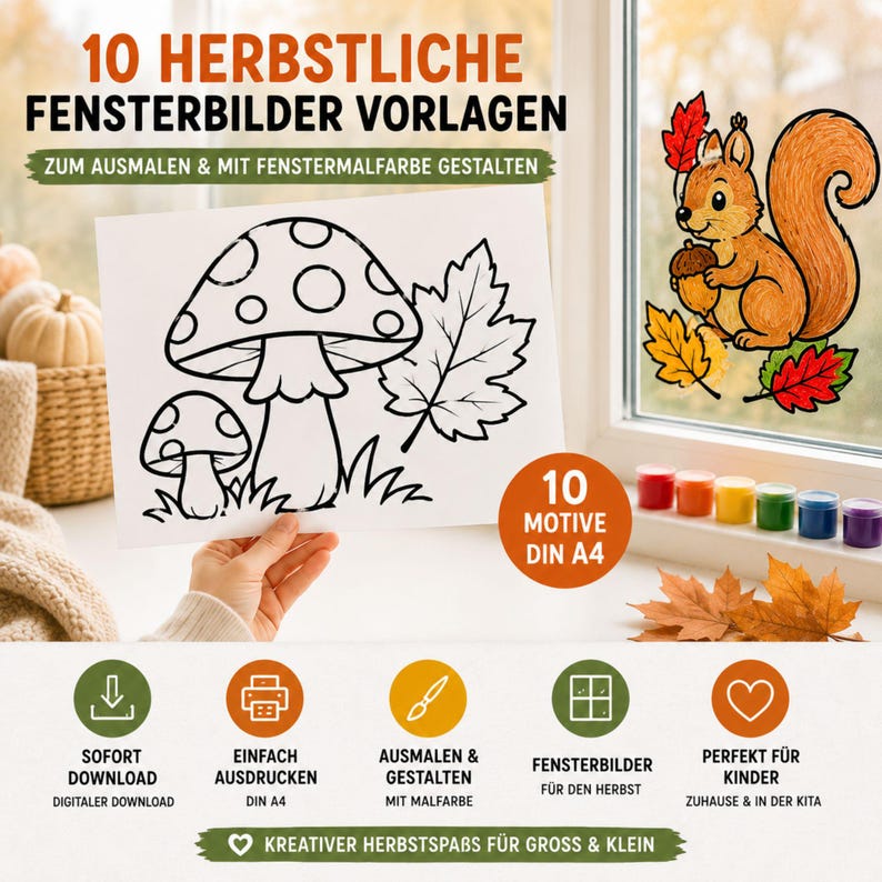May include: A set of 10 autumn-themed window art templates in A4 size, featuring black and white line drawings of mushrooms and leaves. The collection includes a colored example of a squirrel with an acorn and various icons for digital download.