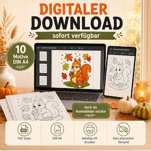 May include: A digital download featuring 10 A4 squirrel-themed coloring pages. The image displays a laptop and tablet showing a colored squirrel illustration with autumn leaves and acorns, alongside printed black and white outlines of the same design.