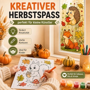 May include: A coloring activity set titled KREATIVER HERBSTSPASS featuring a window decal with a hedgehog and fox, and a paper sheet with a squirrel illustration. Includes small paint pots, colored pencils, and decorative pumpkins.