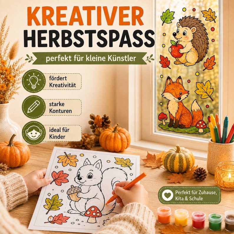 May include: A coloring activity set titled KREATIVER HERBSTSPASS featuring a window decal with a hedgehog and fox, and a paper sheet with a squirrel illustration. Includes small paint pots, colored pencils, and decorative pumpkins.