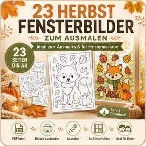 Puede incluir: Una colección digital de 23 plantillas de arte para ventanas con temática otoñal para colorear, con dibujos de un zorro, erizo, ardilla y paraguas. El set incluye 23 páginas A4 con motivos de otoño como hojas, calabazas y setas para decorar.