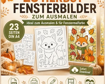 23 Herbst Fensterbilder Vorlagen für Kinder | Ausmalbilder Herbst | Fenstermalfarbe Vorlagen | PDF Download DIN A4 | Herbst Basteln