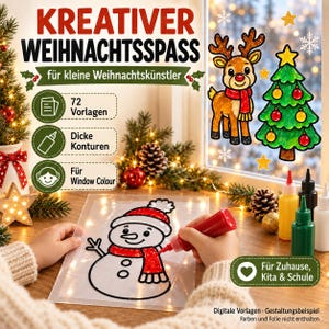 May include: A window art craft kit featuring 72 templates with thick outlines for window paint. The set includes text reading KREATIVER WEIHNACHTSSPASS, 72 Vorlagen, Dicke Konturen, Für Window Colour, and Für Zuhause, Kita & Schule, with colorful reindeer and tree decals on a window.