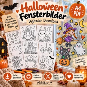 May include: A digital download set of Halloween-themed coloring pages featuring outlines of a witch, cat, pumpkin, ghost, mummy, spider, and haunted house. The text includes 'Halloween Fensterbilder', 'Digitaler Download', and 'A4 PDF'.