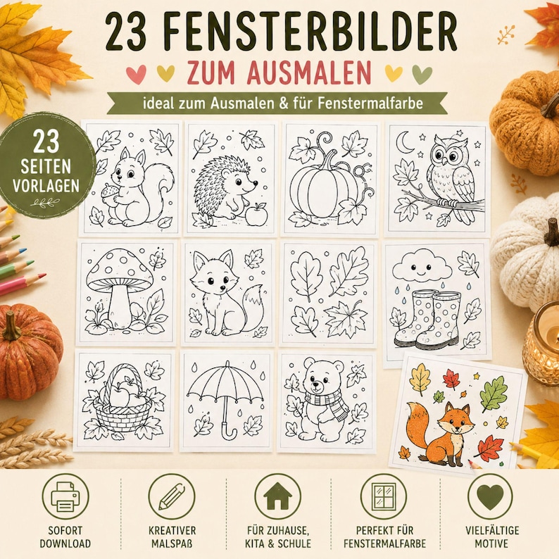 May include: A collection of 23 printable coloring pages featuring autumn-themed line art including a squirrel, hedgehog, pumpkin, owl, mushroom, fox, leaves, rain boots, basket, umbrella, and bear, with the text 23 FENSTERBILDER ZUM AUSMALEN.