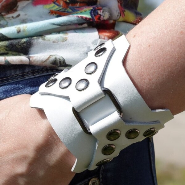 White Leathers Bracelet, Metallic Rivets Studs Bracelet, Cuff Wristband Leather Bracelet, Thick Punk Rock Style Bracelet, Gift bracelet