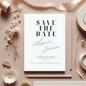 Tarjetas modernas y elegantes con reserva de fecha: diseño minimalista, invitaciones de anuncio de boda personalizables. "Elegancia eterna"