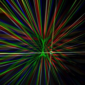 May include: Abstract digital art with a burst of colorful lines radiating from the center of the image. The lines are red, green, blue, yellow, and white.