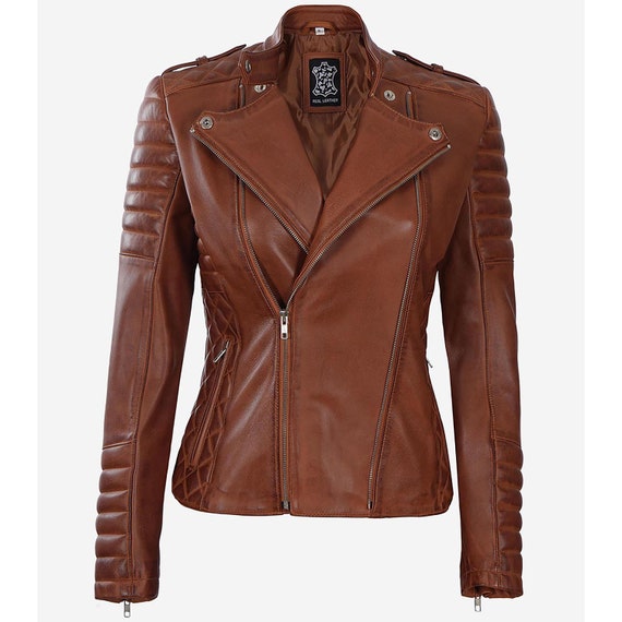 Women's Leather Jacket Brown Motorcycle Moto Biker Short - Etsy