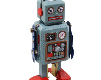 青いロボットおもちゃ、ブリキの金属製ロボットおもちゃ、可動部分の