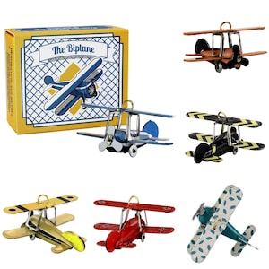 Tin toy - mini airplane biplane - decorative pendant - metal