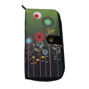 May include: A green zippered wallet with a colourful abstract floral design. The wallet has a black leather flap with a gold button.