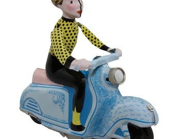 Juguete de hojalata - Scooter Girl - niña en scooter - scooter - azul-azul claro