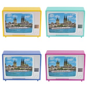 May include: Four miniature retro television sets in different colours: yellow, turquoise, blue, and pink. Each television has a picture of Cologne Cathedral with the word "Koln" printed below the image.