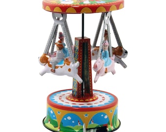 Jouet Mécanique Vintage – Carrousel Petits Chevaux En Fer Blanc, Neuf, Collection Ou Décoration