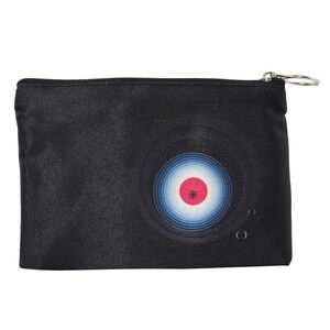 May include: A black zippered pouch with a blue and white concentric circle design and a red centre with a black asterisk.
