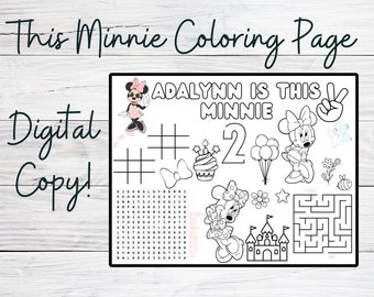 May include: A black and white coloring page featuring Minnie Mouse. The page includes a word search, a tic-tac-toe game, a maze, and a connect-the-dots activity. The text "ADALYN IS THIS MINNIE" is at the top of the page.