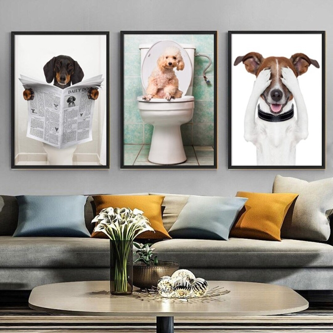 Toilet Dog Bathroom Decor Canvas Poster Adorable Animal Wall Etsy