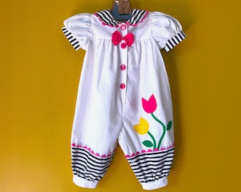 Vintage 90s Okie Dokie Floral Shorts Overalls 3T Cotton White Pink 