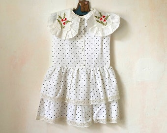 Vintage Polka Dot Dress for Girl 5-6 years, Botanical Embroidered Collar Dress, White Summer Dress with Lace Trim, Retro Girl Ruffled Dress