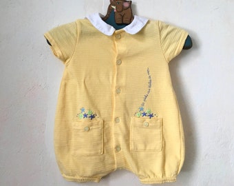 Vintage Säugling Gelber Strampler, 3 Monate Baby Overall Shorts, 90er Jahre Kurzärmeliger Baumwoll Strampler, Baby Mädchen Bequemer Strampler mit Kragen