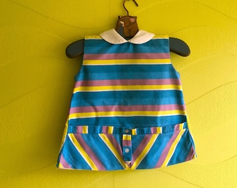 Vintage Toddler Striped Dress, 60s Girls Mod Dress, Peter Pan Collar Sleeveless Dress with Pockets, 18 months Kids Summer Wear