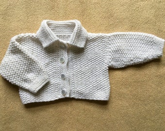 Vintage Newborn Baby Cardigan in White, Boys Hand Knit Sweater with Collar, Newborn Coming Home Outfit, Handmade Knitwear