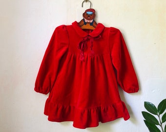 Robe en velours pour bébé vintage, tenue de cérémonie pour bébé fille 9-12 mois, robe rouge à manches longues, robe de soirée à col et à volants des années 90