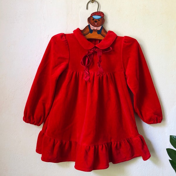 Vintage Baby Velvet Dress, 9-12 months Baby Girl Occasion Outfit, Long Sleeve Red Dress, 90s Collared Ruffle Party Dress