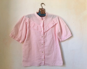 Girls Vintage Pink Cotton Blouse, 9-10 Years Elegant Button Up Top, 80s Shirt with Short Sleeves, Kids Retro Clothing, Summer Shirt