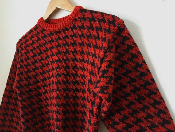 Vintage Teens Houndstooth Sweater, Red Patterned … - image 1
