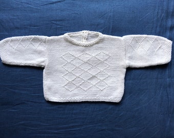 Vintage Baby Sweater in White, Unisex Hand Knit Crisp White Sweater, Newborn Coming Home Outfit, Handmade Knitwear