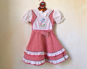 Girls Red Striped Ruffle Dress, Age 2-4 Years Vintage Toddler Dress, Short Sleeve Spanish Style Summer Dress, Flamboyant Kids Clothing