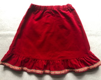 Falda de terciopelo rojo para niñas vintage de 7 años, falda hasta la rodilla de estilo étnico, falda popular sueca para niñas de los 70, ropa para niñas retro, falda cálida de otoño