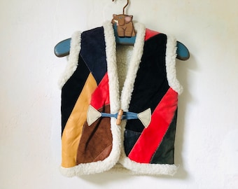Sherpa Lined Patchwork Leather Vest, Vintage Toddler Winter Vest, Kids Cozy Autumn Wear, Multicolor Suede Patchwork Vest with Toggle Button