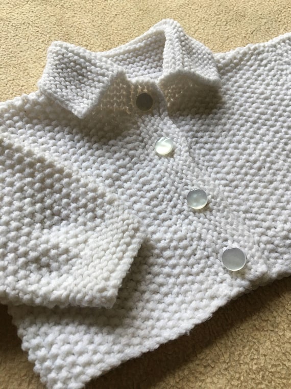 Vintage Newborn Baby Cardigan in White, Boys Hand Kni… Gem