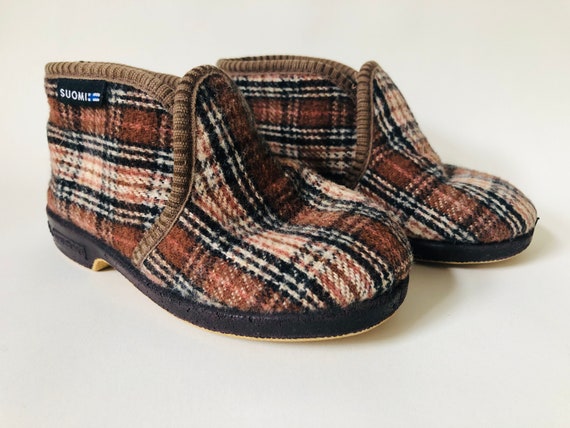 Vintage Kids Wool Booties, 70s Brown Checkered Boots, size EU 24 US 8.5 Toddler Boy Retro Shoes, Autumn Slip In Boots, Plaid Baby Shoes