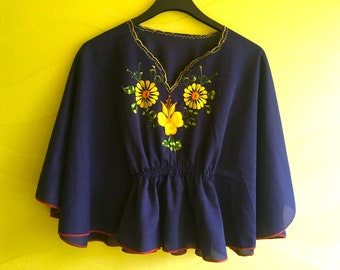 Vintage Girl Flower Embroidered Blouse, Boho Hippie Dark Blue Cape Top, Small Women Loose Blouse, Folk Peasant Blouse, Teenage Girl Outfit