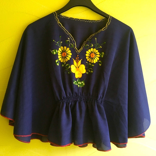 Vintage Girl Flower Embroidered Blouse, Boho Hippie Dark Blue Cape Top, Small Women Loose Blouse, Folk Peasant Blouse, Teenage Girl Outfit