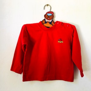 Kleinkind Rotes Langarm T-Shirt, Vintage Lego Duplo Kinderkleidung, 12-18 Monate Jungen Baumwolloberteil, 90er Jahre Kinderkleidung, bequemes Kinderhemd