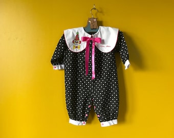 80er Jahre Baby Mädchen Overall, Clown Kostüm, Baggy Comfy Schwarzer Strampler, Vintage Baby Kleidung 6-9 Monate