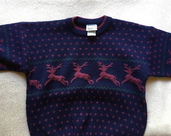 90s Kids Knitted Christmas Jumper, Size 8 Reindeer Print Holiday Sweater, Vintage Dark Purple Geometric Patterned Ugly Christmas Sweater