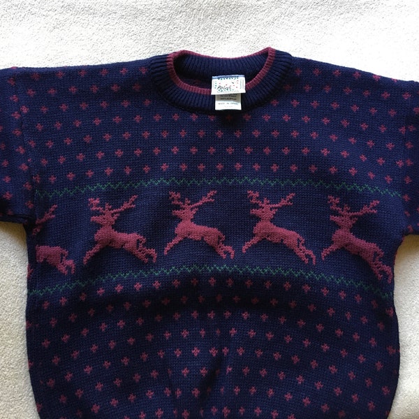 Pull de Noël tricoté pour enfants des années 90, pull de vacances imprimé renne taille 8, pull de Noël laid à motifs géométriques violet foncé vintage